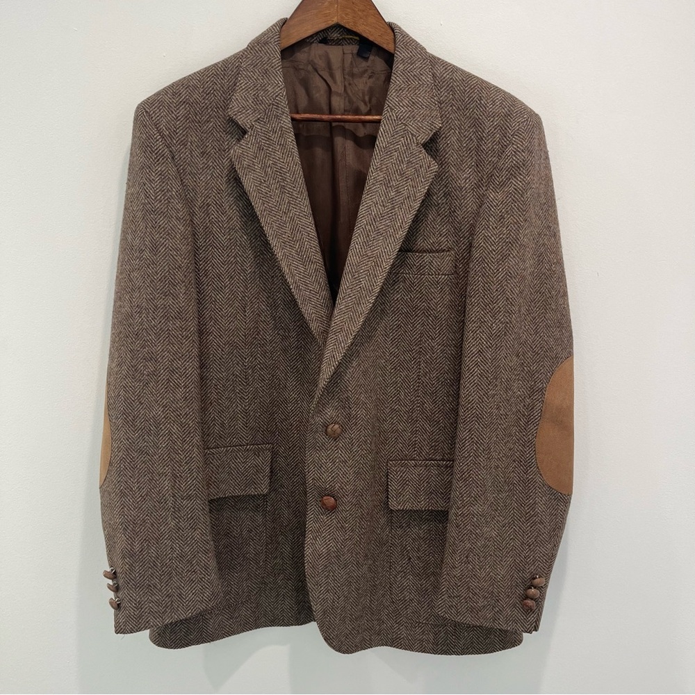 FARAH Brown Tweed Wool Chevron Blazer with Elbow Patches | no size listed 44??